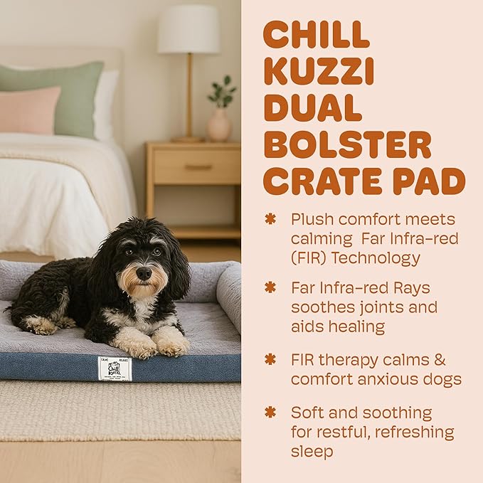 Dog Gone Smart Chill Kuzzi Dual Bolster Crate Pad - Washable Dog Bed Infused with Far Infrared Rays (FIR) - Supportive Plush Cushion for Crates, Travel, and Recovery - Slate Grey, Small 17 x 23 Inches