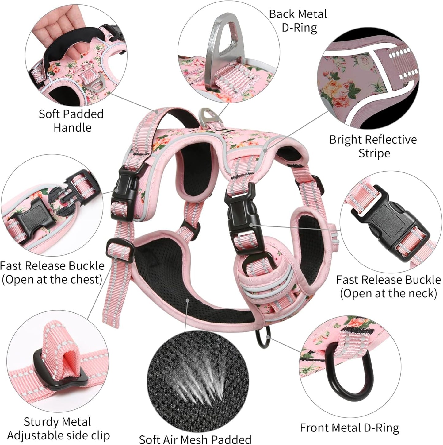 Timos No Pull Dog Harness, Release at Neck Reflective 3 Snap Buckles Adjustable No Choke Pet Vest with Front & Back 2 Leash Clips, Soft Padded Control Training Handle for Small Medium Large Dogs