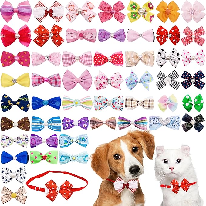PET SHOW 50 Pack Small Dog Bow Ties Collar Bulk Puppy Cats Boy Girl Bowties Adjustable Neckties Pet Grooming Accessories Assorted Randomly(Daily Style)