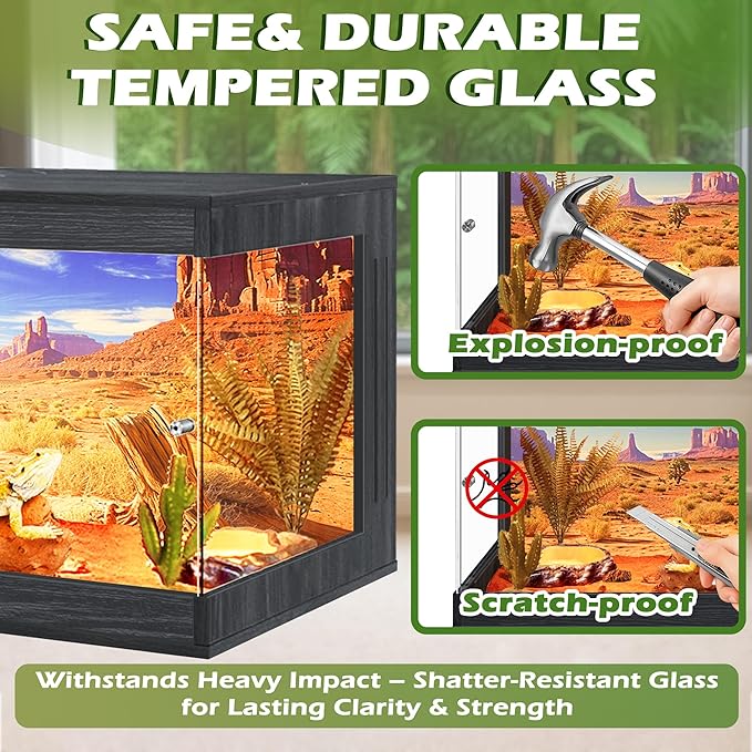 Royxen Tempered Glass Reptile Enclosure,Reptile Tank with Wooden Mesh Top and Lockable Design,79 Gallon Bearded Dragon Tank for Lizard Gecko Tortoise Snake Habitat,48" x 20" x 20",Black