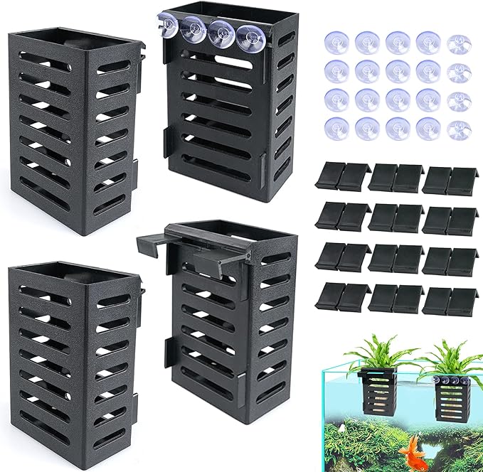 Aquarium Plant Holder 4 PCS Hanging Aquatic Plant Pot with 24 Hooks and 20 Suction Cups for Fish Tank Aquarium Planter and Aquascape Decorations (Black)