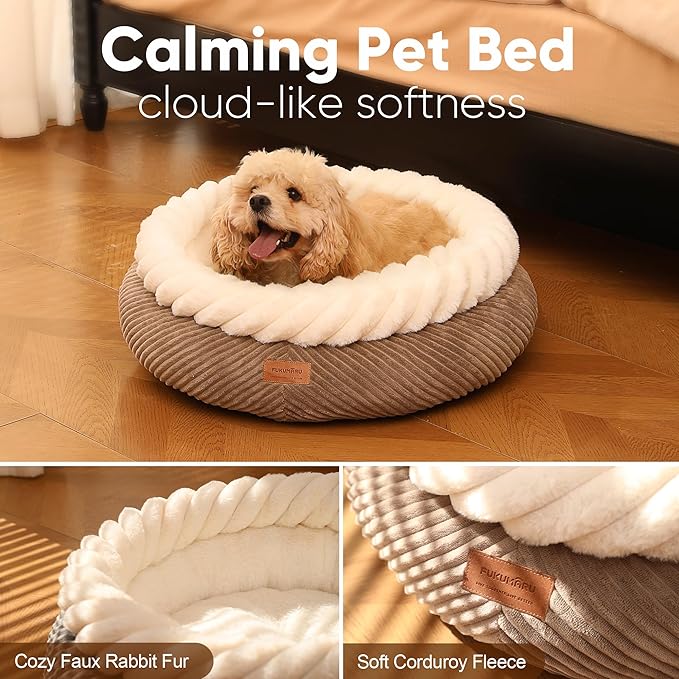 FUKUMARU Dog Bed, Calming Donut Dog Beds, Plush Faux Fur&Corduroy Cat Beds, Cute Round Washable Pet Bed for Large Cats and Small Dogs, Cat Cave with Anti-Slip Bottom, 25inch, Camel