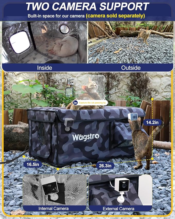 Heated Cat House for Outside, Waterproof Awning & Escape Door Heated Cat Houses for Indoor/Outdoor Cats in Winter, Elevated & Insulated Outdoor Cat Shelter for Feral Cat(Black Camo, 25.2"x16.5"x13")