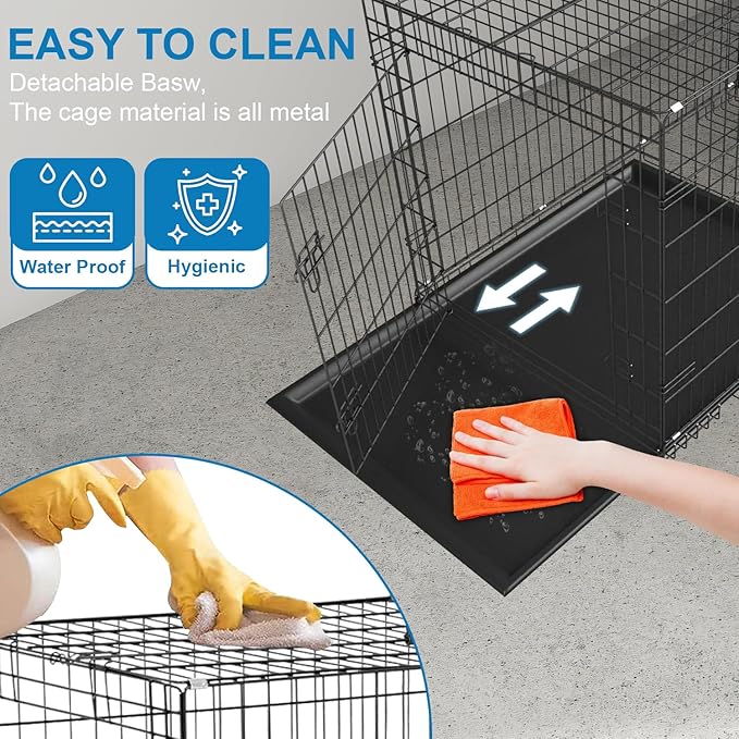 Dog Crate, Wire Kennel with Divider Panel, Metal Cages with Double Door, Leak-Proof Pan Tray, Folding Portable Pet Dog Cage for Indoor Outdoor Travel (Black, 48")