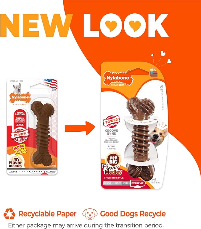 Nylabone Power Chew Groove Bone - Dog Toys for Aggressive Chewers - Durable Dog Toy for Small Breeds - Small Dog Chew Toys - Flavor Medley, Small, Up to 25 Ibs. (1 Count)