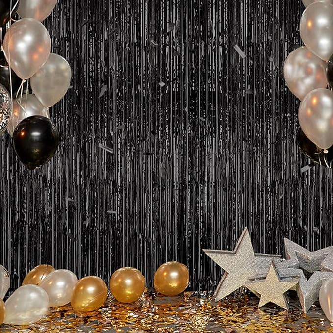 3 Pack Foil Fringe Backdrop - Black Shiny Tinsel Curtains for Party Decoration/Photo Booth Props - 3.3x8.2 FT Metallic Foil Backdrop for Birthday, Wedding, Graduation, Christmas.