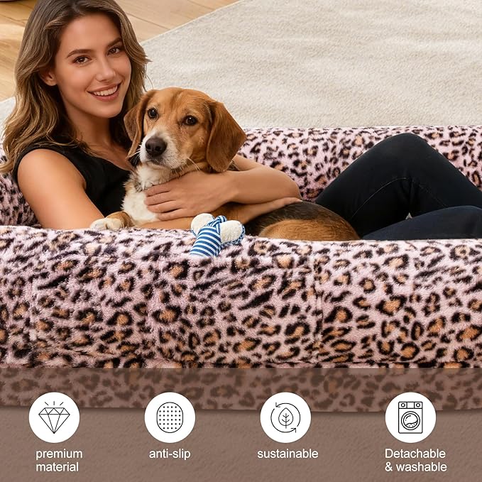 Human Dog Bed for Adult,70"x38"x10" Extra Large Human Pet Bed,Orthopedic Washable XL Dog Bed with Memory Foam (Pink Leopard Print)
