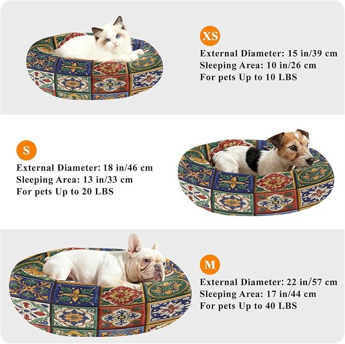 Round Cat Bed Dog Bed,13in Mexican Tile Patterns Washable Non-Slip Bottom Soft Pet Bed for Small Medium Dogs and Cats