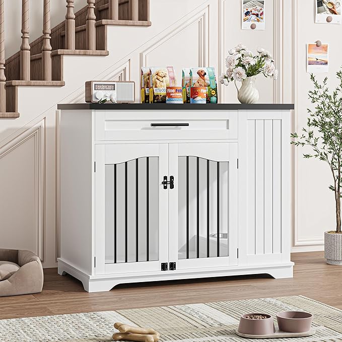 Dog Crate, 44 Inch Dog Crate Furniture End Table, Built-in Feeder Dog Kennel Indoor Kennel, Drawer Storage Small Dog Crate Dog Kennel Furniture Large Dog Crate, White + Walnut Wood