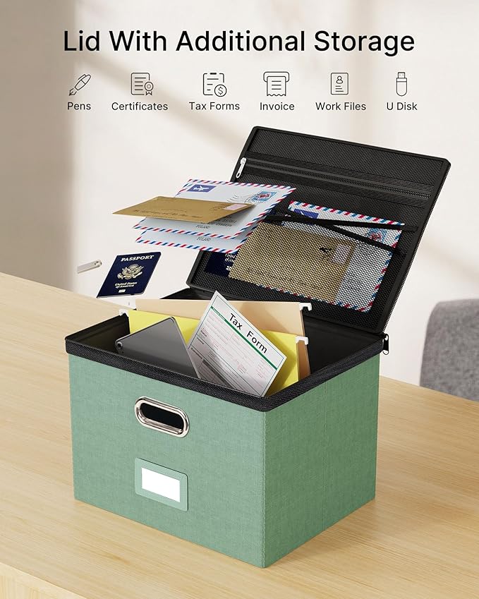 Oterri 1 Pack Large File Organizer Boxes with Lids, File Box with Mesh Pockets, Document Organizer Box for Letter/Legal Size Folders, Zippers Important Document Organizer (Green, Without Folders)