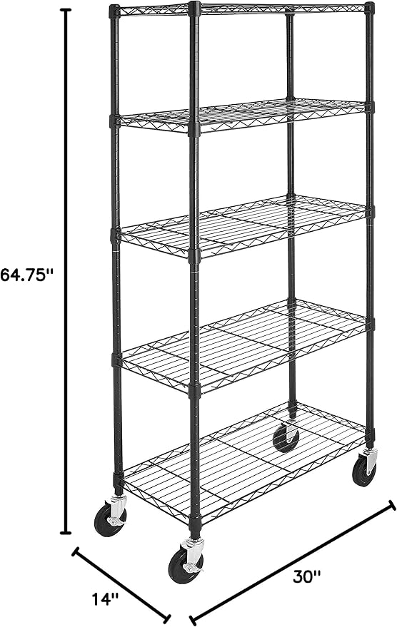 Amazon Basics 5-Shelf Adjustable, Heavy Duty Storage Shelving Unit on 4'' Wheel Casters, Metal Organizer Wire Rack, 30" L x 14" W x 64.75" H, Black