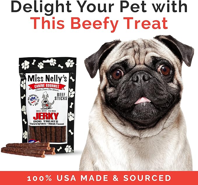 Miss Nelly's -All Natural Beef Jerky Dog Treats - Soft Sticks - USA Made and Sourced - Original Smoke House Recipe - Small Batch Beef Jerky for Dogs - Minimally Processed - 8 oz. Bag