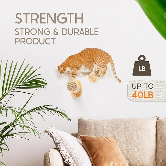 2-Pack Cat Wall Steps - Wooden Cat Shelves for Wall Mounting, Wall Shelves and Perches for Kittens & Adult Cats - Wall Furniture Set with Jute Rope for Scratching, Kneading, Climbing.