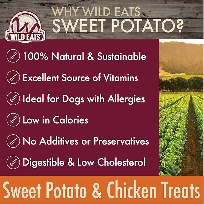 Wild Eats Sweet Potato & Chicken Treats for Dogs 12 oz. (Low Calorie, Low Fat Alternative to Traditional Dog Biscuits, Cookies, and Bones) Healthy Dog Treats Perfect for Training