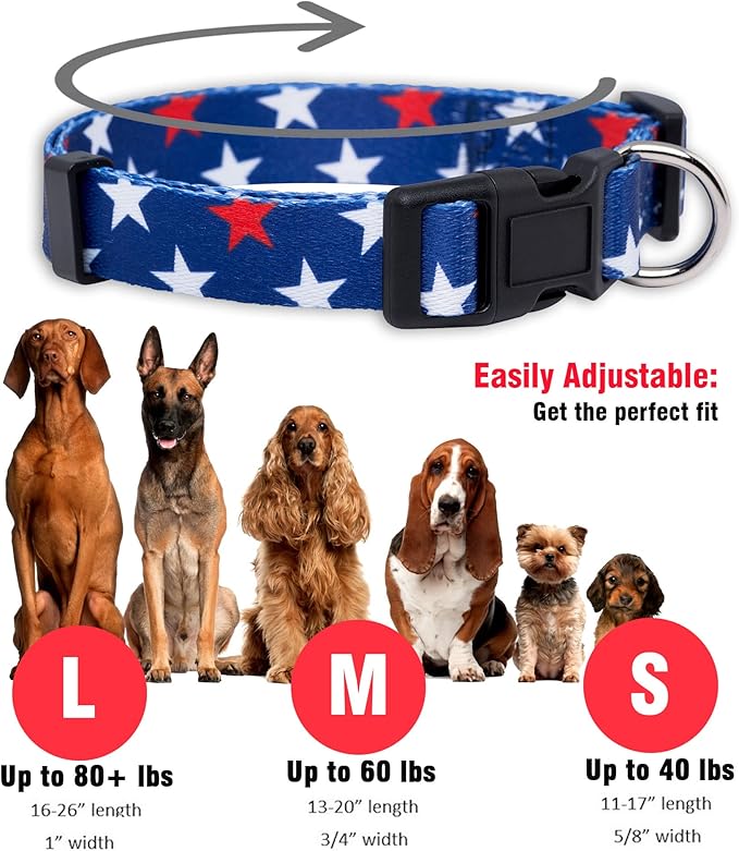 Native Pup American Flag Dog Collar- Red White and Blue- Patriotic Collars for 4th of July, USA- Adjustable Small, Medium, Large Breed Dogs (Small, Red & White Stars)
