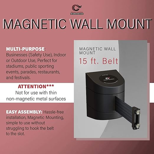 Crowd Control Warehouse - CCW Series WMB-220 Magnetic Wall Mount Retractable Belt Barrier - 15 Foot, Red with"Danger - Keep Out" White Letters Belt with Black ABS Case