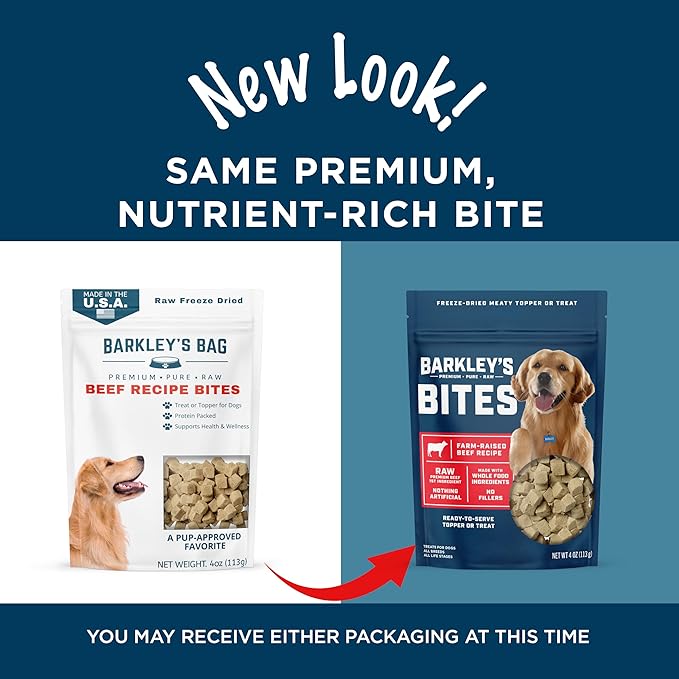 Barkley’s Bag Beef Bites, Freeze Dried Dog Treats & Food Topper, Made w/Beef, Barley, and Quinoa, Small Bite-Sized Pieces for Training Rewards, for All Dog Breeds, Ages & Sizes, 4 Oz Bag (3 Pack)