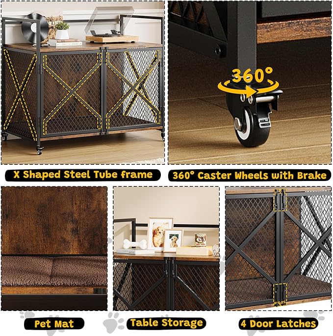 Dog Crate Furniture, 41 Inch Dog Kennel Indoor with Removable Cushion, Heavy Duty Dog Crate for Large Dogs and Medium Dogs, Wooden Dog Cage End Table with Double Doors, Rustic Brown