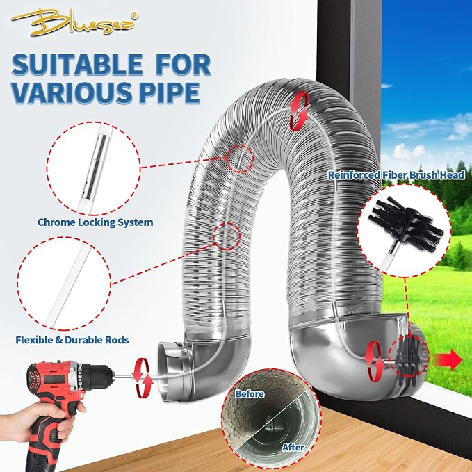 Bluesea 7 Pieces 30 Feet Dryer Vent Cleaner Kit, Reinforced Nylon Dryer Vent