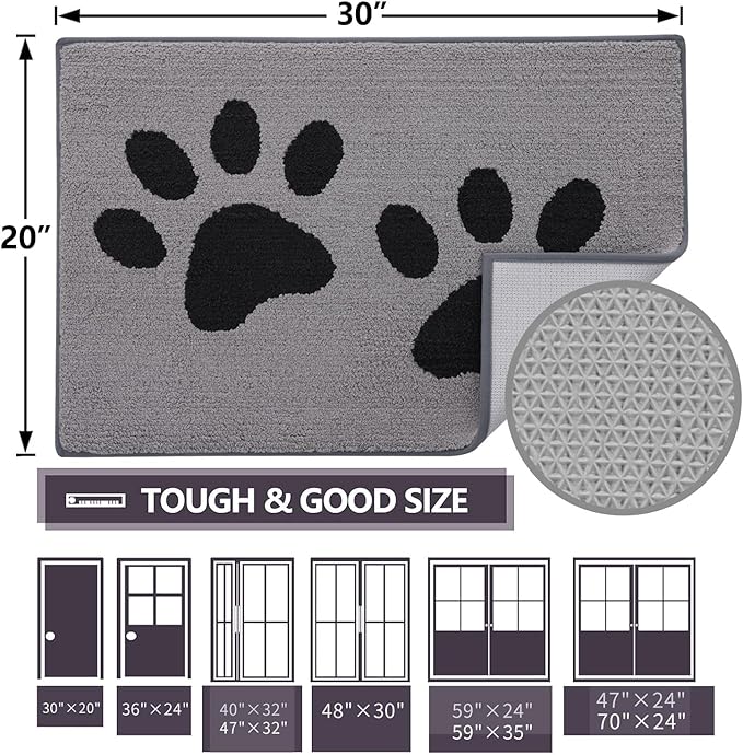 Buganda Dog Door Mat for Muddy Paws, Absorbent Dirt Trapper Washable Indoor Doormats, Non Slip Low-Profile Mud Mat for Dogs, Front Entrance Doormat for Inside Floor (30x20 Inches, Grey)