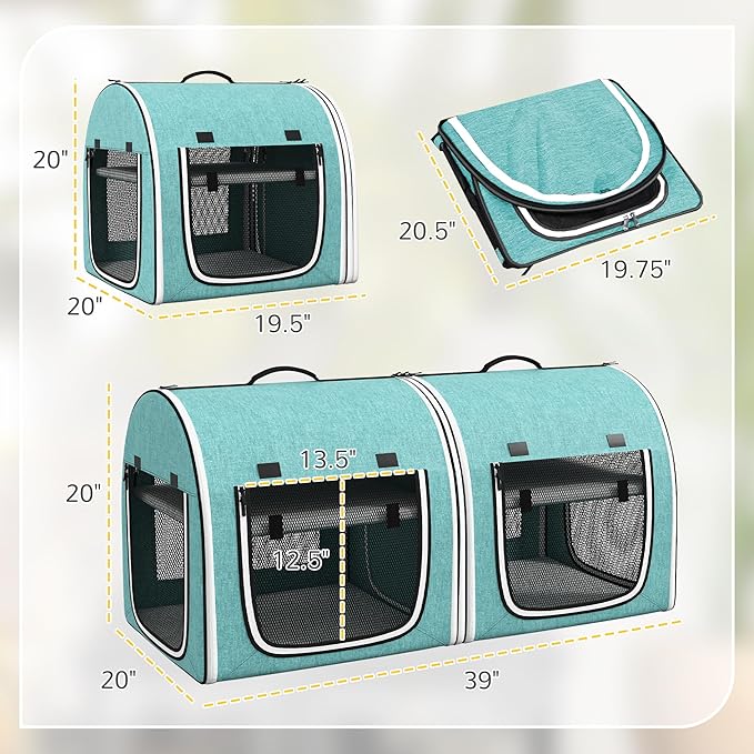 PawHut 39" Portable Soft-Sided Cat Carrier, Cat Kennel, Travel Dog Crate with Divider, Two Compartments, Soft Cushions & Storage Bag, Easy to Fold, Green