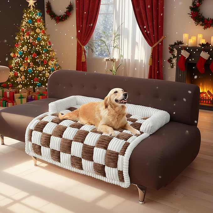 LiveGo Fuzzy Pet Couch Covers for Sofa, Dog Couch Cover Fuzzy Sofa Cover Cream Square Plaid Dog Bed Plush Dog Mat for Furniture Protector for Large Medium Dogs and Cats