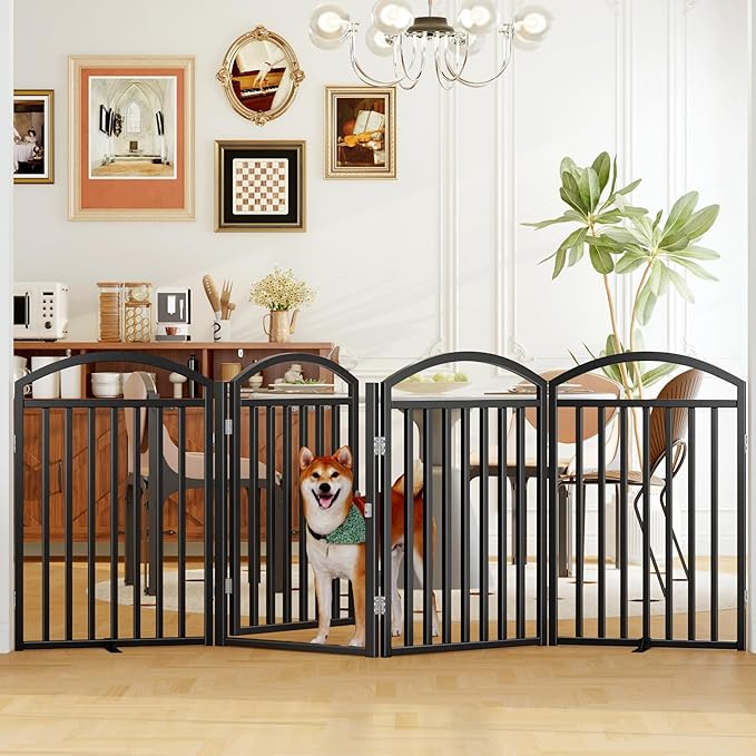 Folding No-Assembly Freestanding Dog Gate with Door,32" Heights Foldable Pet Fence,96" Extra Wide Accordion Puppy Folding Playpen for Doorways,House,Stairs (4 Panels,Black)