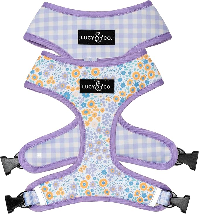 Lucy & Co. Cute Reversible Dog Harness Walking Halter - Best Designer Pet Harnesses for XS - XL Dogs - Padded Adjustable Vest for Easy Walking (Large, Among The Wildflowers - Purple Floral)
