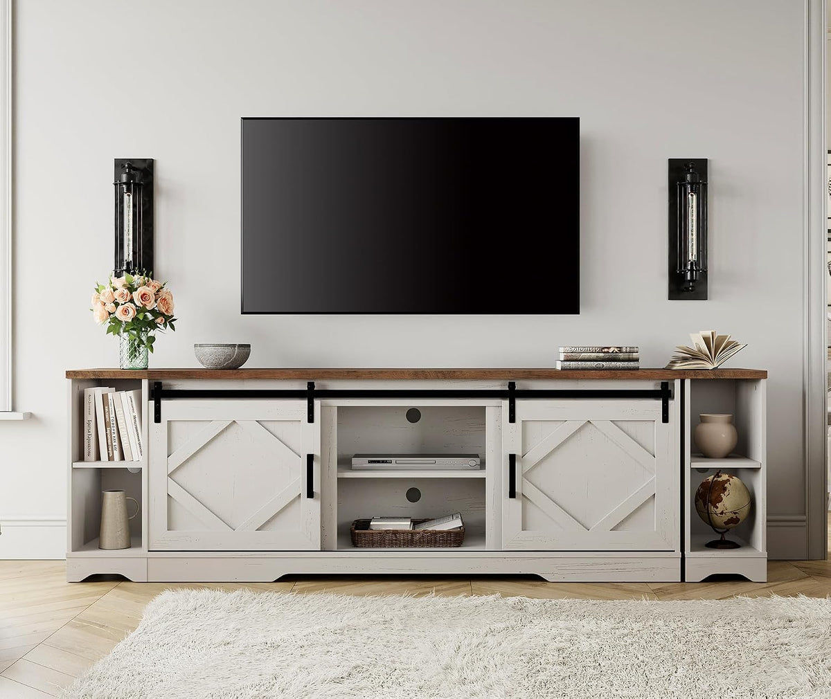 WAMPAT 3-in-1 Farmhouse TV Stand for 95" TV, Entertainment Center with Barn Door Storage & Cable Management, Large Media Console for Living Room, Wooden TV Table with Short Shelves