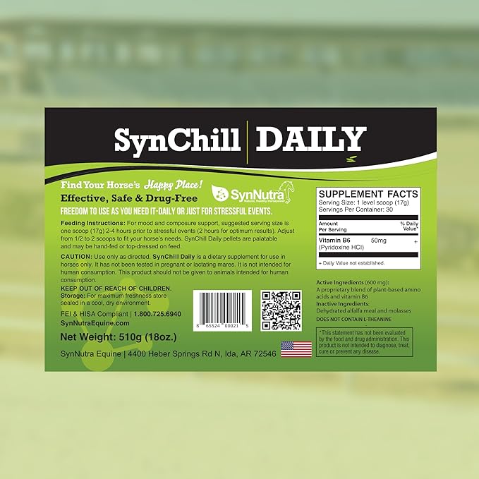 SynNutra Equine SynChill 100% Natural & Nutritional Supplement, Lab Proven Results, Designed for Focus & Performance, Approved by Olympians and Veterinarians, Daily Pellets -30 Servings, Made in USA