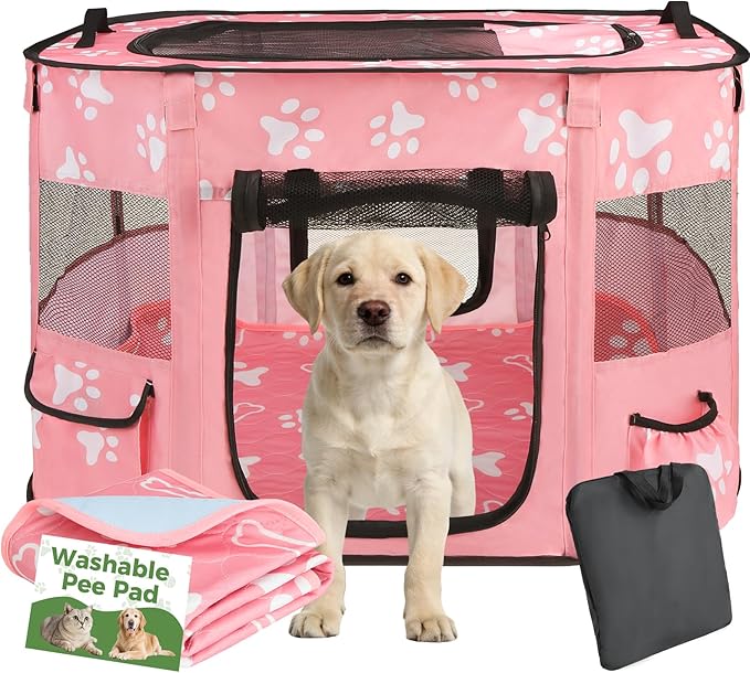 Homimp Portable Pet Playpen for Indoor Cats & Puppies, Foldable Dog Playpen Outdoor Tent Crate Cage with Pee Pad & Carry Bag, Pet Crate with Mesh Sides for Small Animals Travel, Pink M
