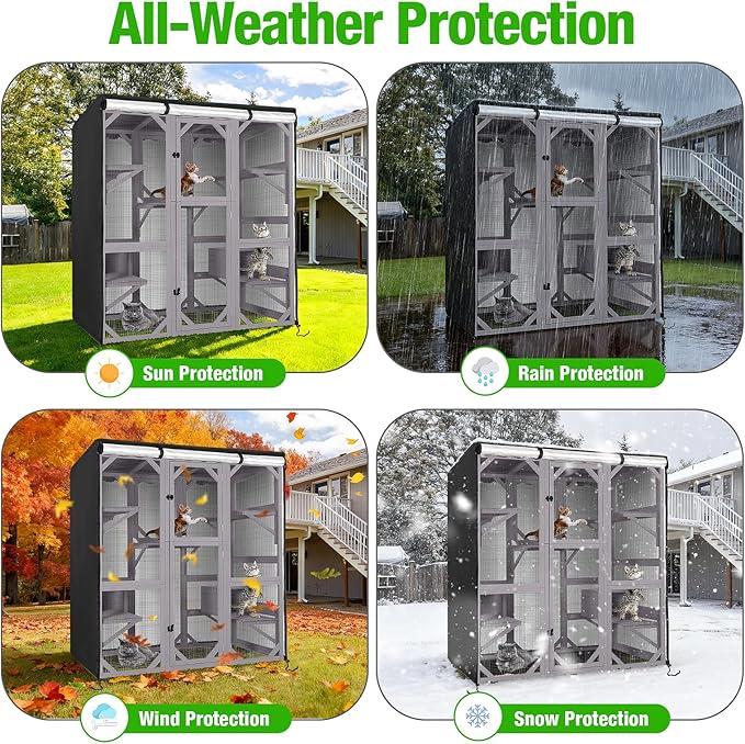 Kingling Outdoor Cat House Cover for Winter, Waterproof and Dustproof Protection Cover for Large Cat Cage Condo Black - 63" L x 32" W x 71" H inch(Cover Only)