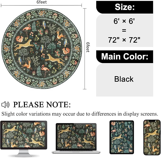 DUKINO 6ft Round Rug for Bedroom, Animal Print Washable Circle Rug
