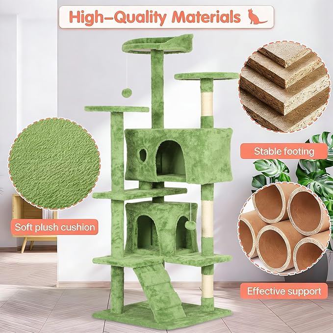 54in Cat Tree Cat Climbing Tower with Scratching Post, Cats House Perch Kitten Tree Condo Wood Playhouse, Pet Trees Tower for Indoor Cats, Green