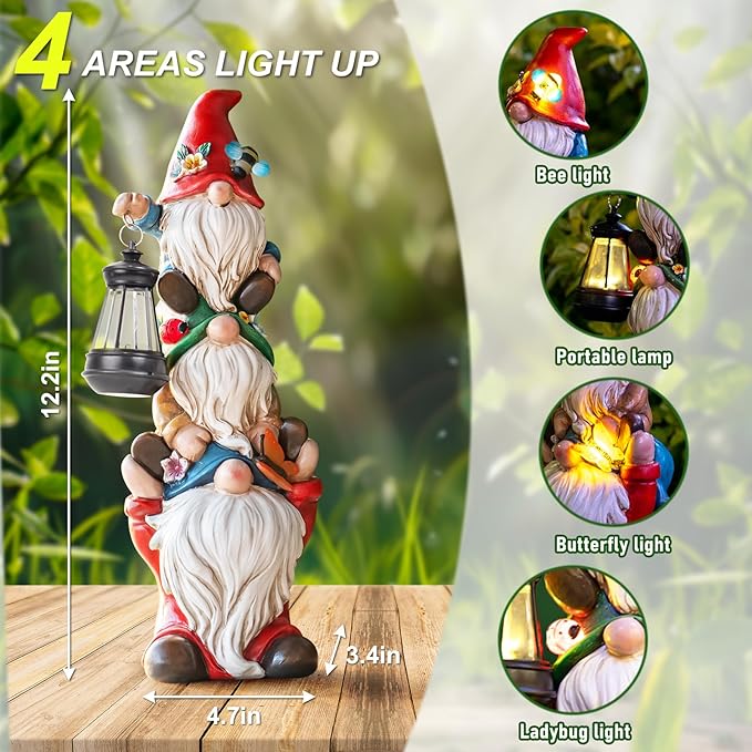 Garden Gnome Statue with Solar Lights Garden Sculptures Funny Triple Gnome Outdoor Patio Lawn Yard Balcony Home Decor Birthday Gift for Woman Grandma 12 in Spring Gnomes