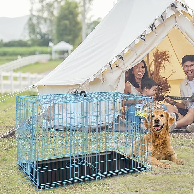 48 Inch Heavy Duty Dog Crate Double Door Folding Metal Dog Cage Dog Crates for Large Dogs Outdoor Indoor Includes Divider Panel and Leak-Proof Tray,Blue