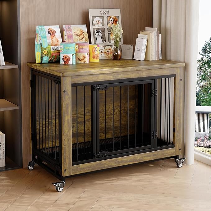 38 Inch Rustic Dog Crate Furniture with 3 Doors and Locking Wheels, Wooden Heavy-Duty Indoor Kennel with Removable Tray for Small and Medium Dogs, Easy-Clean Side Table or Nightstand Style Design
