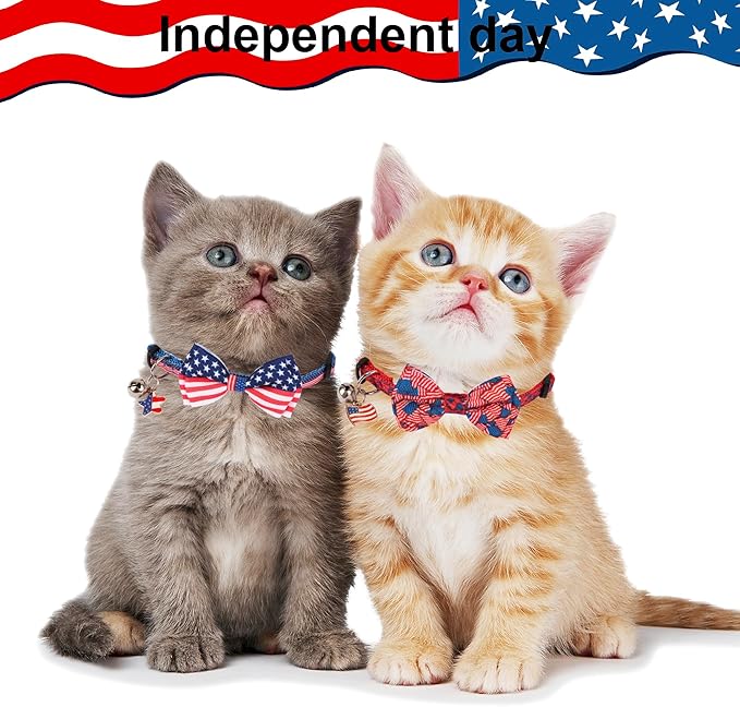 ADOGGYGO American Flag Cat Collars with Bow Bell, Breakaway Pet Bowtie Collar Red Blue Star Flag 4th of July Collars for Girl Boy Cats Kittens