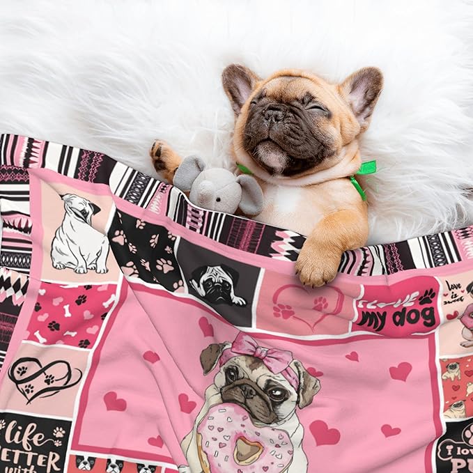 Pug Blanket for Pet - Pink Throw Blanket 40x30 Paw Print Couch Blankets for Puppy Dogs Cats