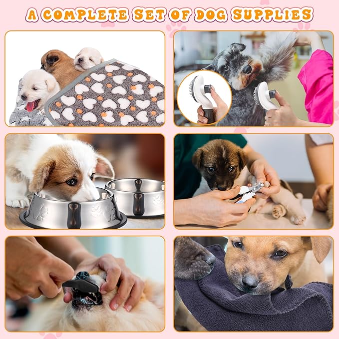 Abbylike 50 Pcs Puppy Supplies Starter Kit for Small Dogs Puppy Essentials Includes Leash, Bowls, Teeth Brushes, Water Bottle, and More Accessories for Dogs Pet Day Welcome Gift(Black)