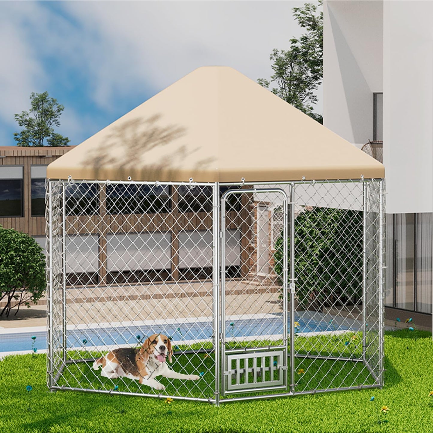 Outdoor Dog Kennel with Cover, Large Dog Run Fence House Big Cage Pen Enclosure, Heavy Duty Dogs Play Cage Pen Kennel (110" L x 95" W x 92.8" H)