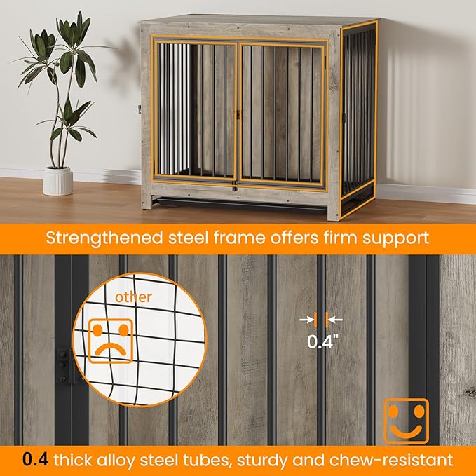 Dog Crate Furniture, 42 Inch Indoor Large Dog Kennel for Medium to Large Dogs Up to 70 LBS, Heavy Duty Wooden Pet Cage End Table with 3 Doors, Alloy Steel Frame & Removable Tray