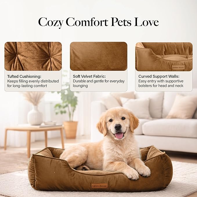 Modern Threads Luxury Dog Bed - Comfortable Tufted Velvet Cushion for Small to Large Dogs - Machine Washable - Durable & Cute Sleep Space for Pets - Pamper Your Pet with Cozy Beds - Caramel