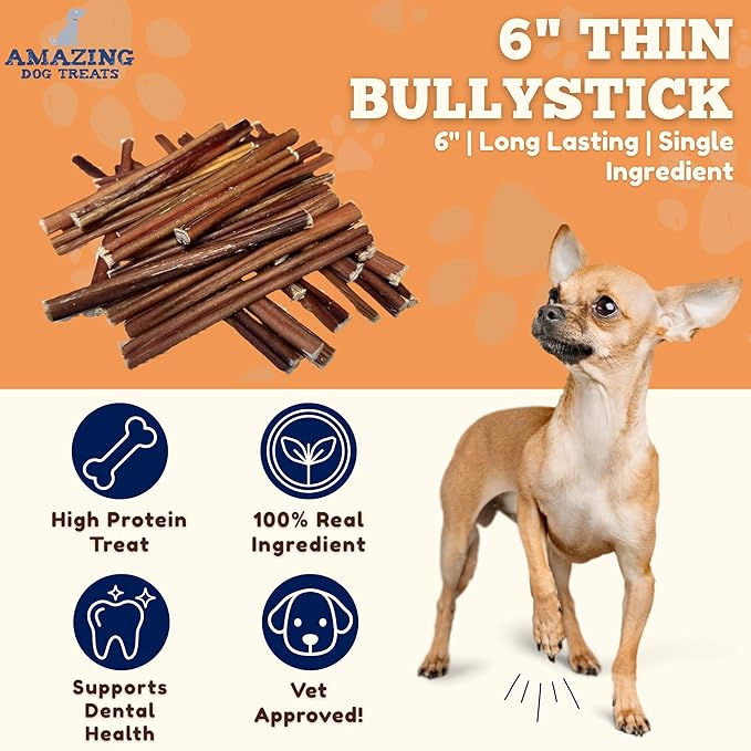 Amazing Dog Treats - Bully Sticks for Small Dogs (6 Inch Junior - 12 Count) - Premium Thin Bully Sticks for Dogs - Best Bully Stick Dog Chews - Bully Bones for Puppies and Small Breeds
