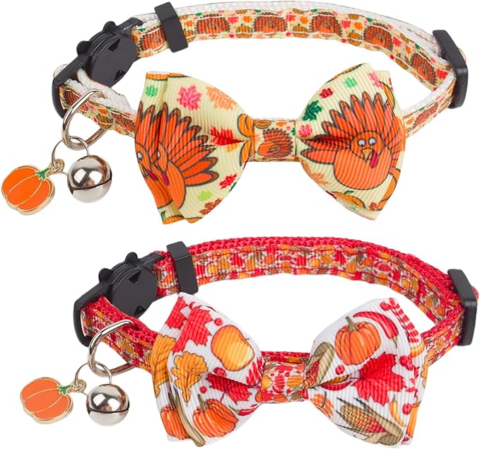 ADOGGYGO Thanksgiving Cat Collars with Bow Bell, Breakaway Fall Kitten Collar with Bowtie Pumpkin Turkey Collar for Girl Boy Cats Kittens