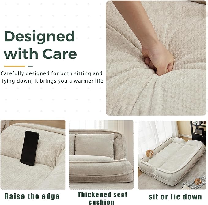 Double Human Dog Bed for Adult and Kids, Comfy Foldable Lazy Floor Loveseat Sofa Bed with 5 Adjustable Position, Upholstered Floor Bean Bag Lounger Chair for Bedroom, Living Room,Office (Beige)
