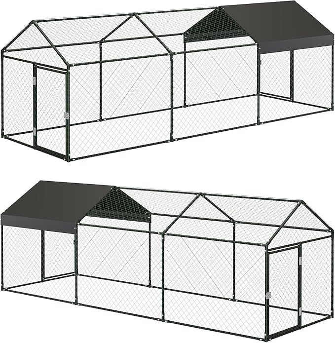 Metal Chicken Coop Run,Outdoor Walk-in Cage Peak Hen House with Waterproof and Anti-Uv Cover,Spire Roof Hen House with Security Lock for Outdoor,Backyard and Farm, 9.8 x 3.3 x 3.3 ft