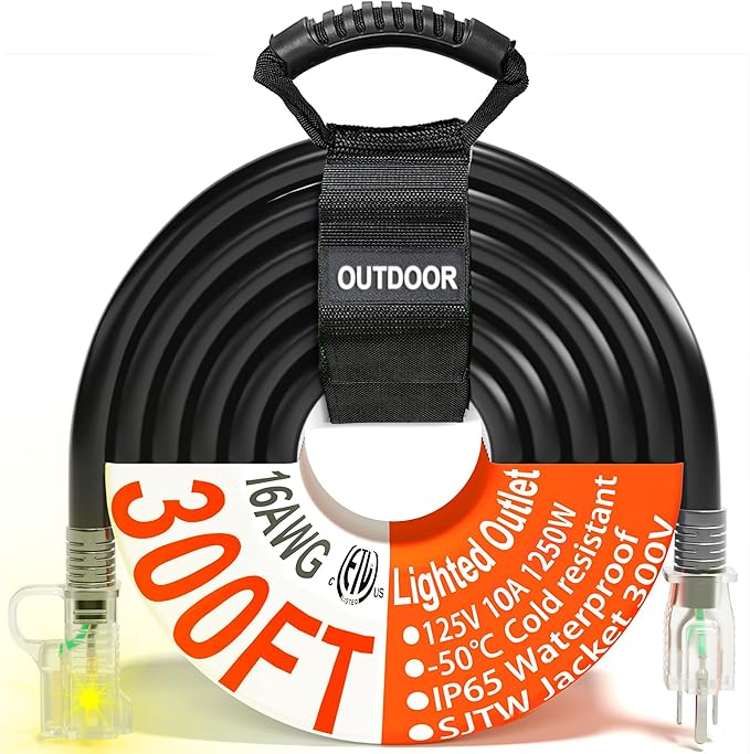 HUANCHAIN 16/3 Gauge 300 ft Black Outdoor Extension Cord Waterproof with Lighted end, Flexible Cold-Resistant 3 Prong Long Extension Cord Outside, 10A 1250W 16AWG SJTW, ETL