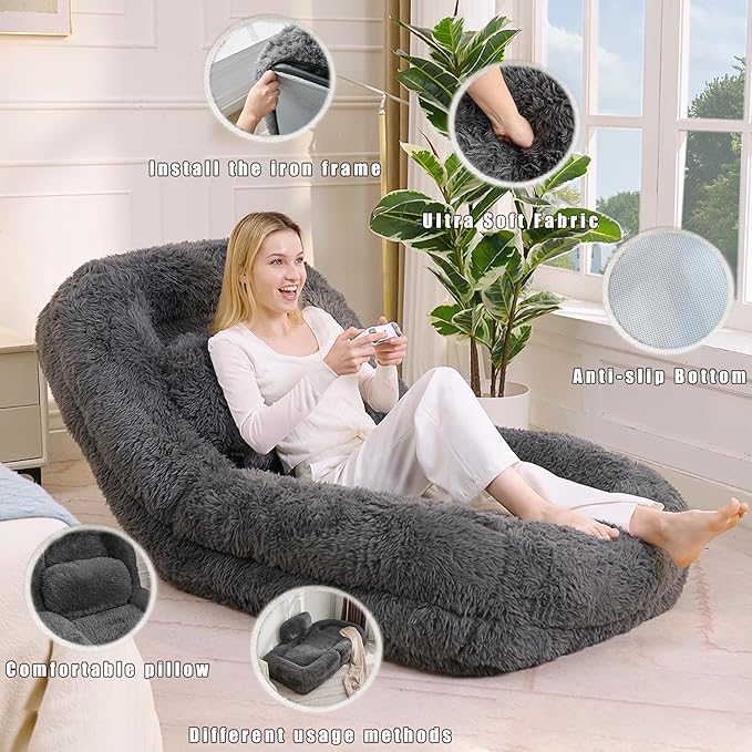 Human Dog Bed for Adult and Kids, Comfy Foldable Lazy Floor Sofa Bed with 5 Adjustable Position, Grey Upholstered Floor Bean Bag Lounger Chair for Bedroom, Living Room,Office (Dark Gray)