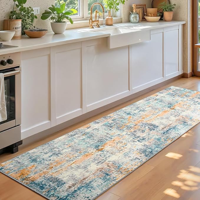 Runner Rug for Kitchen Hallways Runner Rug Non Slip 2'6''x8' Washable Blue Long